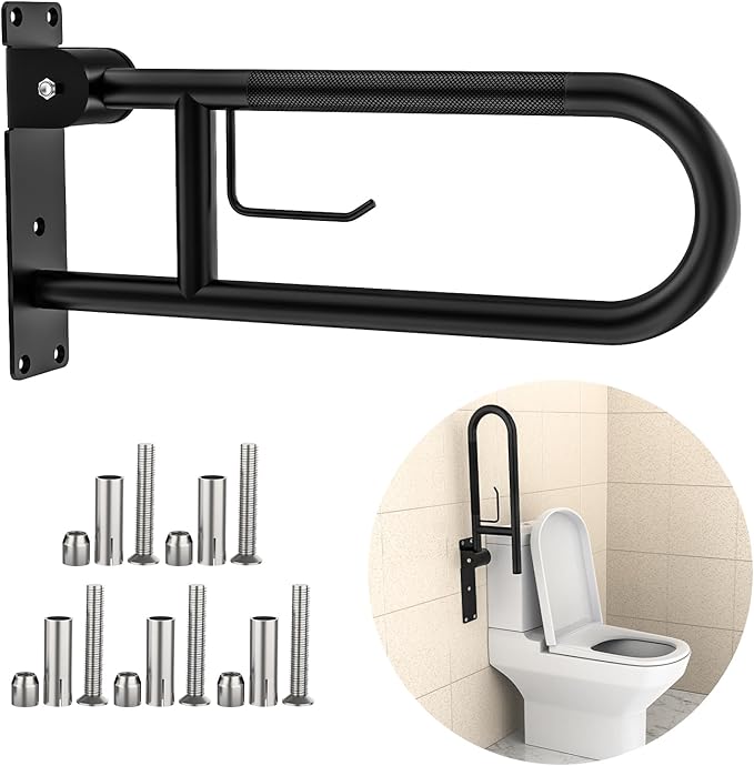 Toilet Grab Bar 22.4 Inch, YuanDe Flip Up Grab Bar with Paper Holder, Matte Black Anti-Slip Safety Bars for Toilet, Stainless Steel Knurled Toilet Handles for Seniors Disabled Elderly Pregnant
