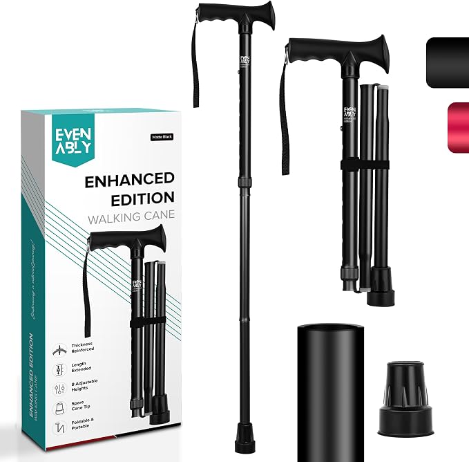 Enhanced Walking Cane (Thicker & Longer) - Foldable, Adjustable, Collapsible, Spare Tip, with Travel Bag | Versatile Walking Stick for Every Height, Weight, Seniors & Adults