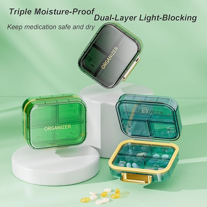 Portable Travel Pill Organizer with 7 Compartments - Perfect Weekly Pill Case Waterproof Pill Box for Daily Vitamins and Medicine, Small Pill Container for Pocket Purse (Purple)