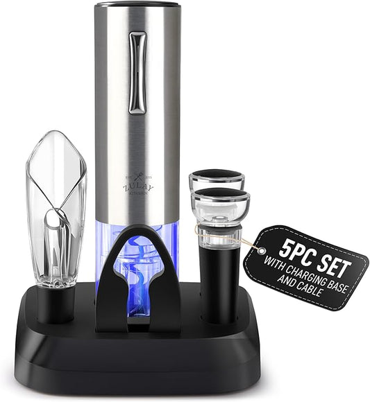 Zulay Kitchen Electric Wine Opener 5-Piece Gift Set with Charging Base - Foil Cutter, Aerator & Pourer, Vacuum Stoppers - Automatic Wine Bottle Corkscrew Opener For Smooth & Fast Uncorking