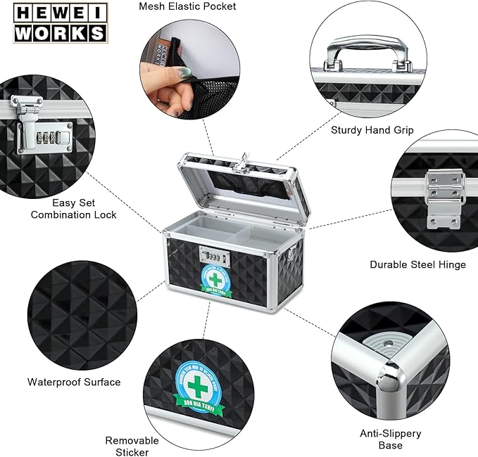 Storage Lock Box with Combination Lock, Lockable Medicine Storage Box, Empty First Aid Box, Security Lock Box, Multipurpose Locking Box for Home and Outdoor Use(Black, Small)