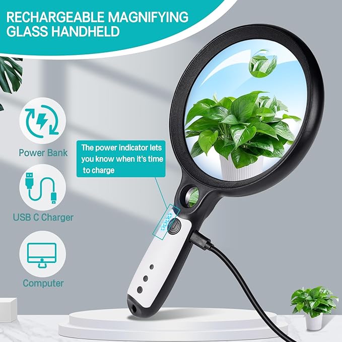 Large Magnifying Glass with 37 LED Light, 10X 20X 45X Handheld Illuminated Lighted Magnifier with 3 Light Modes Rechargeable Magnifying Glass for Seniors Reading, Inspection (Black & White)