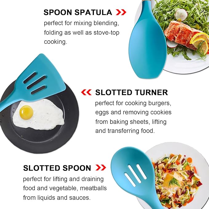 Silicone Kitchen Cooking Utensils Set, 5-Piece Non-Stick Silicone Kitchen Utensils Spatula Serving Spoons Turner Ladle Set w Wooden Handle Heat Resistant Cooking Gadgets for Nonstick Cookware