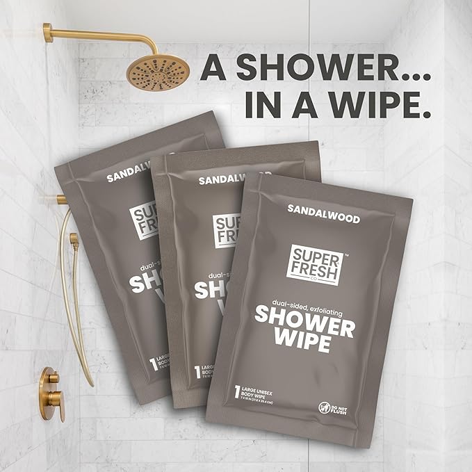 Super Fresh Shower Wipes Large Sandalwood Body Wipes for No Rinse Bathing Personal Hygiene Gym Travel or Camping Enriched with Aloe and Vitamin E 10 Individually Wrapped Disposable Sheets