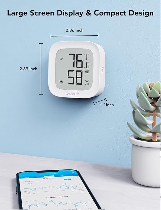 Govee WiFi Thermometer Hygrometer H5103 with Electronic Ink Display | Temp and humidity monitor with alert, 2.4G WiFi & Bluetooth, 2-yr data export. For bedroom, wine cellar, basement