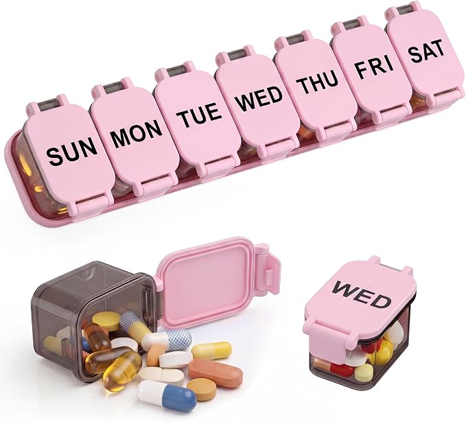 Yaklim Extra Large Weekly Pill Organizer - Waterproof 7-Day Pill Box, Portable Vitamin & Supplement Case, Easy to Open Design, Ideal for Travel and Daily Medication Management (Blackpink)