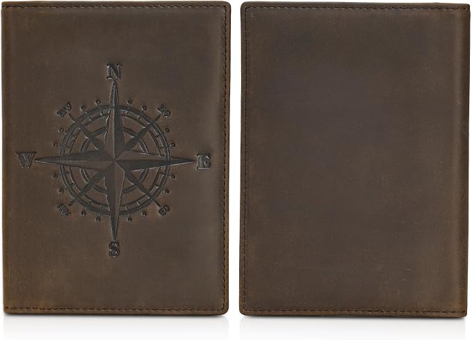 Polare Slim RFID Blocking Leather Passport Holder Travel Bifold Wallet For Men(Dark Brown Compass)