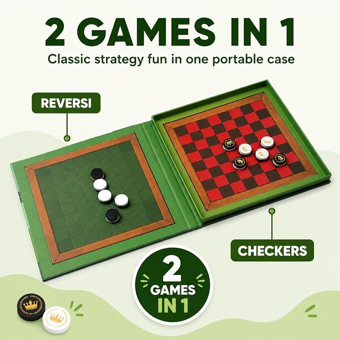 2-in-1 Checkers & Reversi Board Game | Magnetic Travel Games for Kids 8-12 | Plane Activities for Kids Ages 8-12 | Foldable Magnetic Checkers & Travel Activities