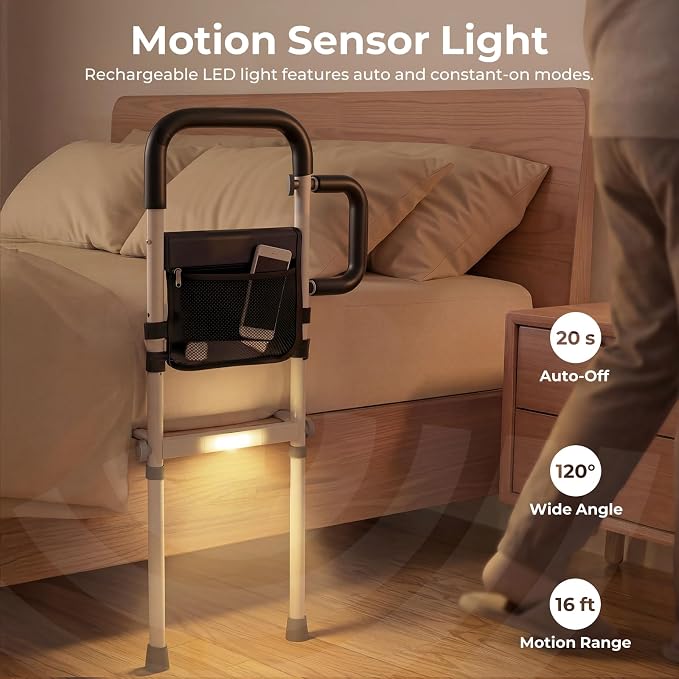 Bed Rails for Elderly Adults Safety, for 400Lbs, Dark Black | Bed Rail for Seniors with Motion Sensor Light, Height Adjustable Bed Assist Bar, Non-Slip Handle, Storage Bag