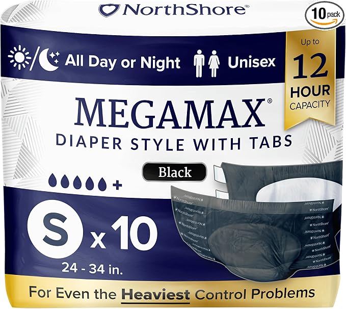 NorthShore MegaMax 12-Hour HBL Adult Diapers for Heavy Bladder Leaks, Small, 10 Count, Black, 24-34 inches, Tab-Style Incontinence Underwear for Men, Women & Teens