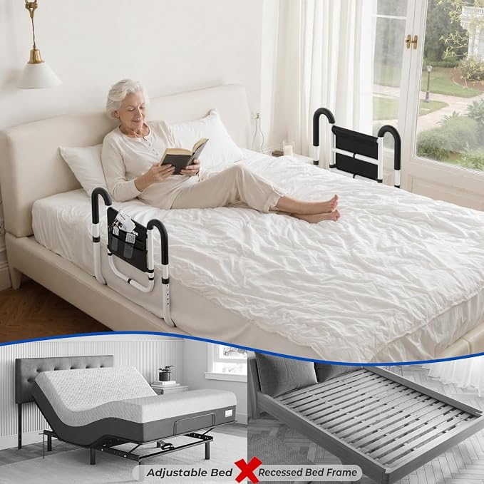 KingPavonini Dual Side Bed Rails for Seniors, 350 LBS Capacity, Model BM10 | ASTM-Approved Bed Rails for Elderly Adults Safety, Dual U-Handles & 4-Bar Anti-Tip, Storage Bag, Tool-Free, Fits Twin to King
