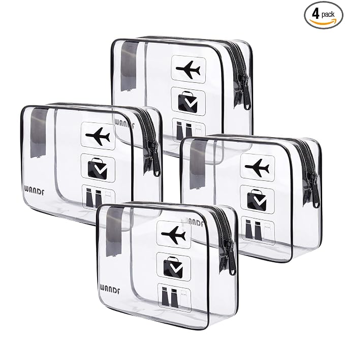 WANDF TSA Approved Toiletry Bag, 4 Pack Clear Makeup Bag | Quart Size, Airport Carry-On, TSA Liquids Travel Bag, Clear PVC, Women Men Travel Essentials
