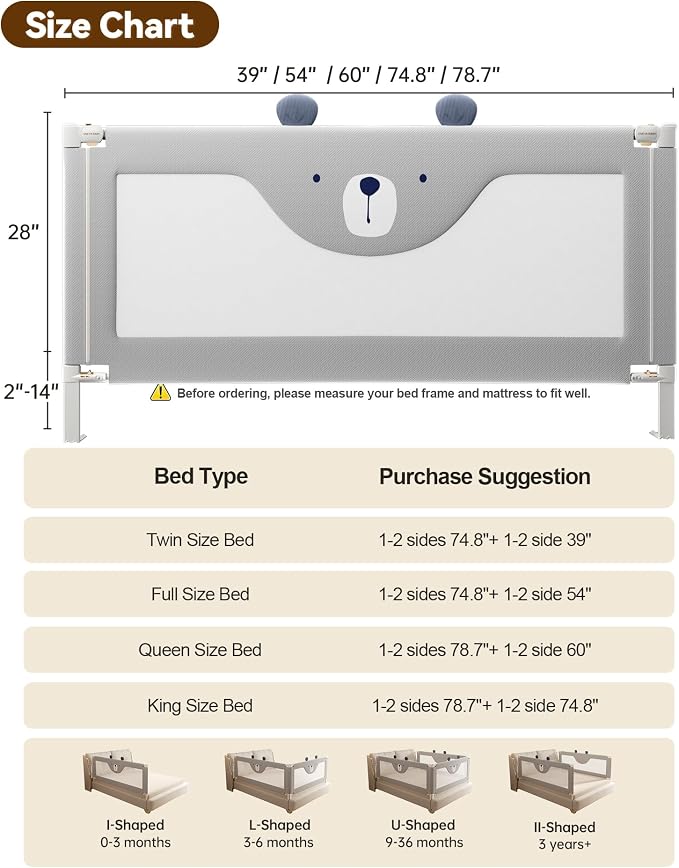 60” Baby Bed Rail Guard for Toddlers, Thickened Toddler Bed Rails for Queen | Height Adjustable, Extral Tall Child Safety Side Railing Guards/Bedrail for Kids,Grey Bear, 1 Side 60" Lx28 H