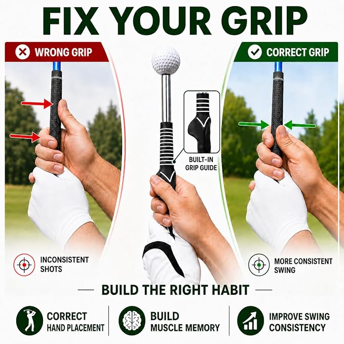 5-in-1 Retractable Golf Swing Trainer, Training Aid with Grip Trainer, Grip Correction for Beginners & Tempo Training for Advanced, Click Feedback, Right/Left-Handed