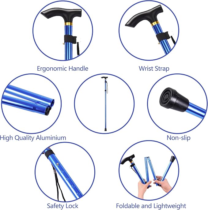 Walking Cane, Folding Cane for Man & Women, Portable Lightweight | 5-Level Adjustable Height, Collapsible Cane for Seniors Balancing Mobility Aid