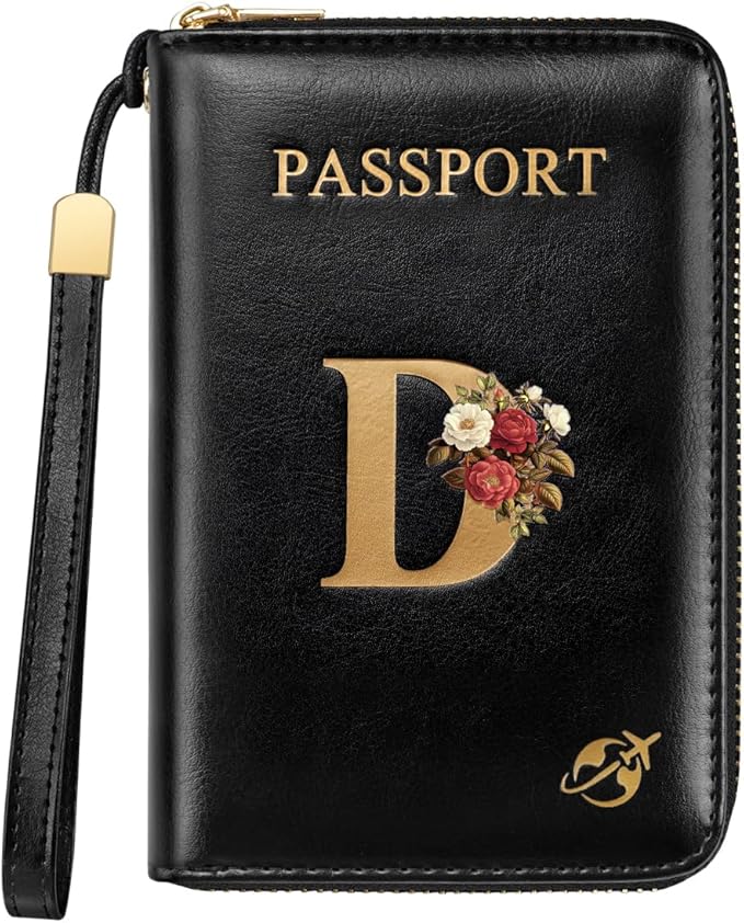 Passport Holder for Travel Personalized Wallet with Wristlet Women | Passport Cover, RFID Blocking, Passport Book Holders, Back Coin Pocket, Zipper Closure, Roses Initial Letter, Black D