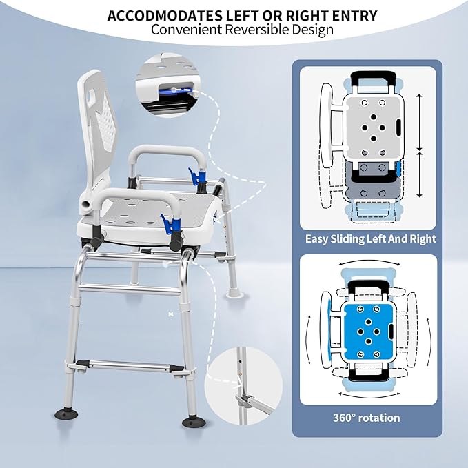 Sliding Shower Chair Swivel Tub Transfer Bench with Backrest with Non Slip Suction Cups 400lbs