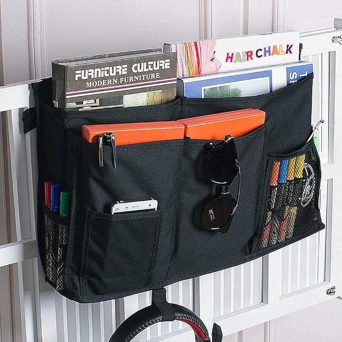 Sugaroom Organizer Caddy - Bedside, Bunk Bed, Hanging & Pocket Storage - Baby, Dorm, Hospital - Black