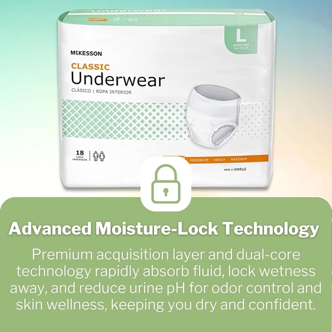 McKesson Classic Adult Incontinence Underwear, [72 Count], Light Absorbency, Large, 44-58 in. Unisex Bladder Leak Protection, Pull-On Style with Tear-Away Sides, Postpartum and Incontinence Support