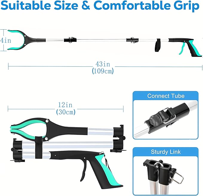 Grabber Reacher Tool - 43” Extra Long Foldable Gripper and Reaching Tool - Heavy Duty Pick Up Stick Grabbers for Seniors, Trash, Surgery Recovery Must Haves Gifts (Green-43in)