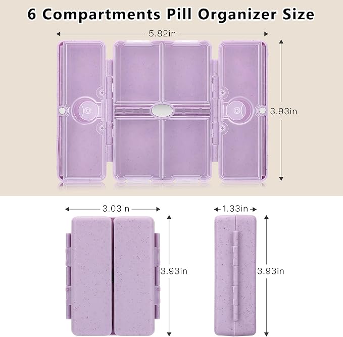 FYY Travel Pill Organizer with Blank Lables,6 Compartments Magnetic Pill Organizer Pill Box for Purse Pocket to Hold Vitamins,Cod Liver Oil,Supplements and Medication-Purple