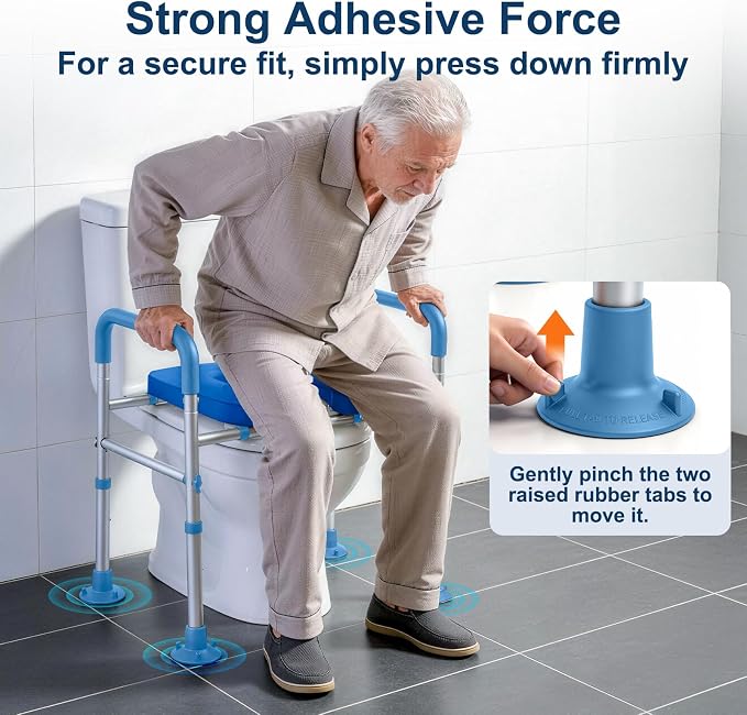 Adjustable Raised Toilet Seat with Handles for Seniors, Blue | 400lbs Capacity Elongated Toilet Seat Riser, Elevated Toilet Seat with Soft Cushion & Removable Armrests