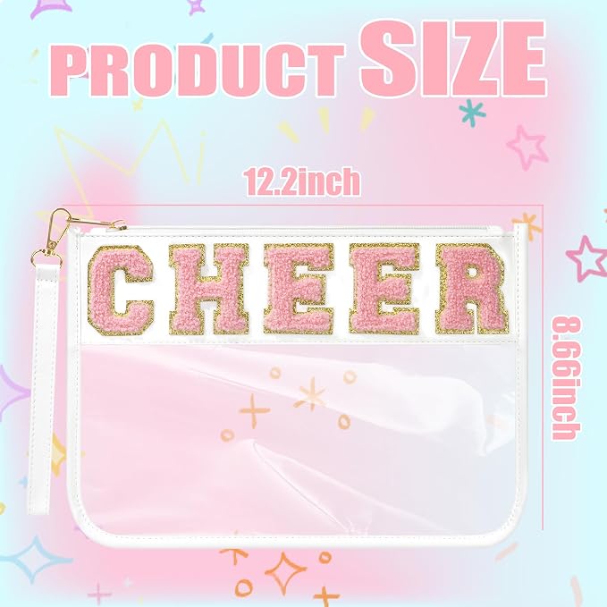BuyCard Cheer Chenille Letter Bags Clear Makeup Bag, Cheerleader Gifts Cosmetic Bag, Varsity Preppy Patch Flat Pouch Cheer Accessories, Waterproof PVC Organizer Toiletry Bag for Women Girls White