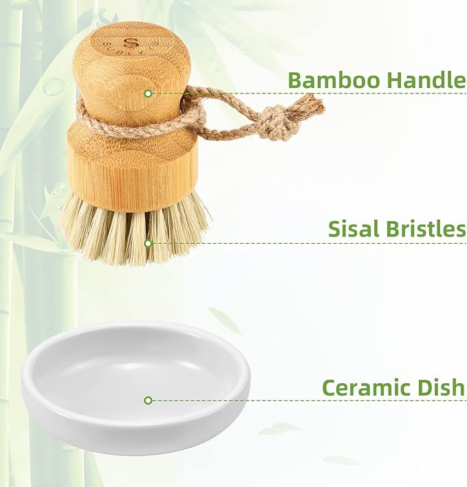 SUBEKYU Bamboo Dish Scrub Brush,Produce Brush,3 Pack with Ceramic Holder | Vegetable Brush,Natural Sisal Bristles,Kitchen Wooden Cleaning Scrubbers Set
