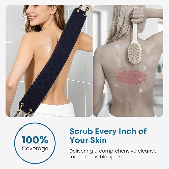 eaxun 38.5 Inch Exfoliating Back Scrubber with Dual Handles for Shower | Dual-Sided Bath Washer for Deeper Cleansing, Full Back Coverage Exfoliator without Straining for Men & Women