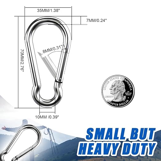 Small Carabiner Clip Hooks, 100pcs 2.75 inch Carabiners Heavy Duty, 304 Stainless Steel Spring Snap Hook Fits Camping Hiking, Metal Clips for Rope Chain Keys Rings
