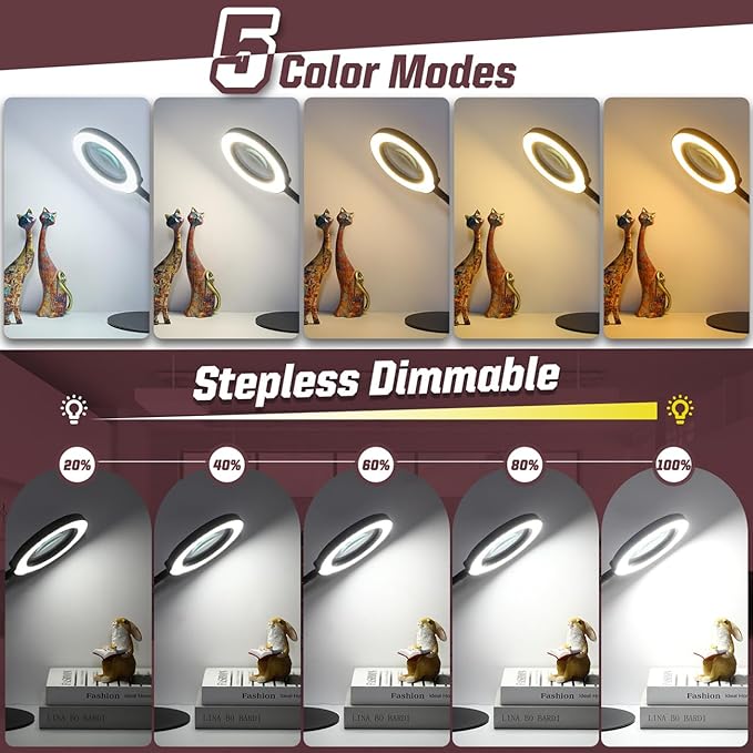 10X Magnifying Glass with Light and Phone Holder, 5 Color Modes Stepless Dimmable LED Lighted Desk Lamp with Stand, Hands Free Magnifier with Flexible Goose-Neck for Craft Hobby Painting, Black