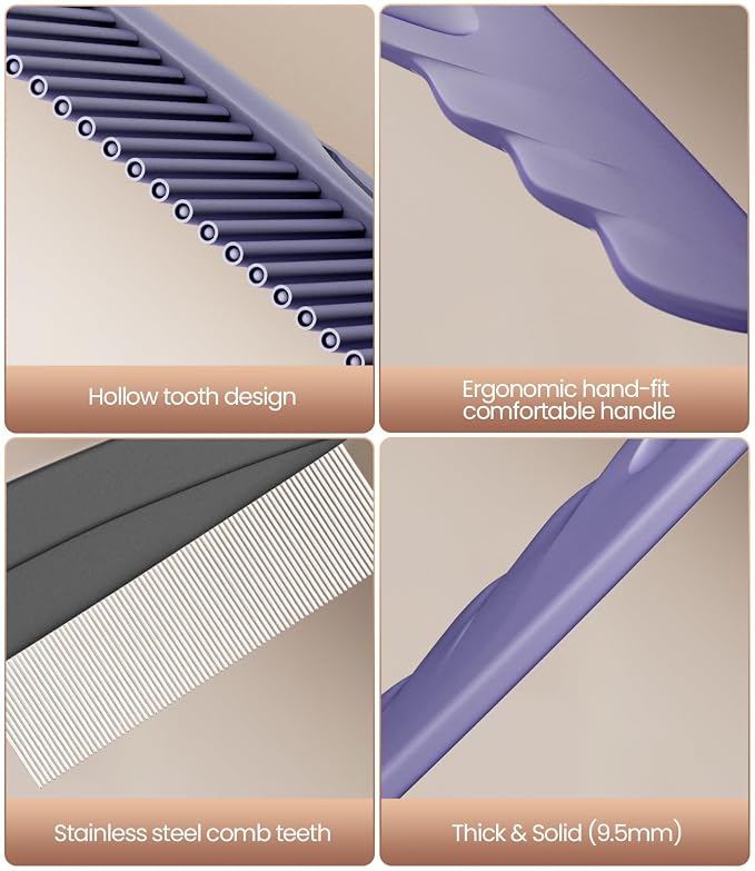 Dandruff Comb Removal 2PC Hollow Fine Tooth Scalp Detox Hair Care Tool | Upgraded Stainless Steel Teeth, with Gift Box, Build up Flake, Self Cleaning, Button-Release, for Women Men Kids, Purple