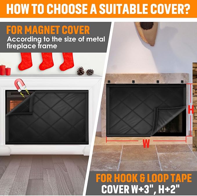 Fireplace Draft Cover, Fireplace Blocker Blanket with Hook and Loop Tapes, Indoor Fire Place Draft Stopper for Heat Loss Insulation Black 45" W x 34" H