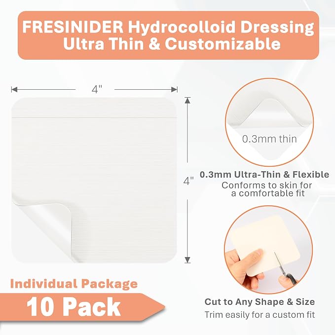 FRESINIDER Hydrocolloid Wound Dressing 4" x 4" – 10 Pack Ultra Thin Self-Adhesive Bandages for Wound Care, Bed Sores, Acne, Blisters – Waterproof & Absorbent Hydrocolloid Patches for Faster Healing