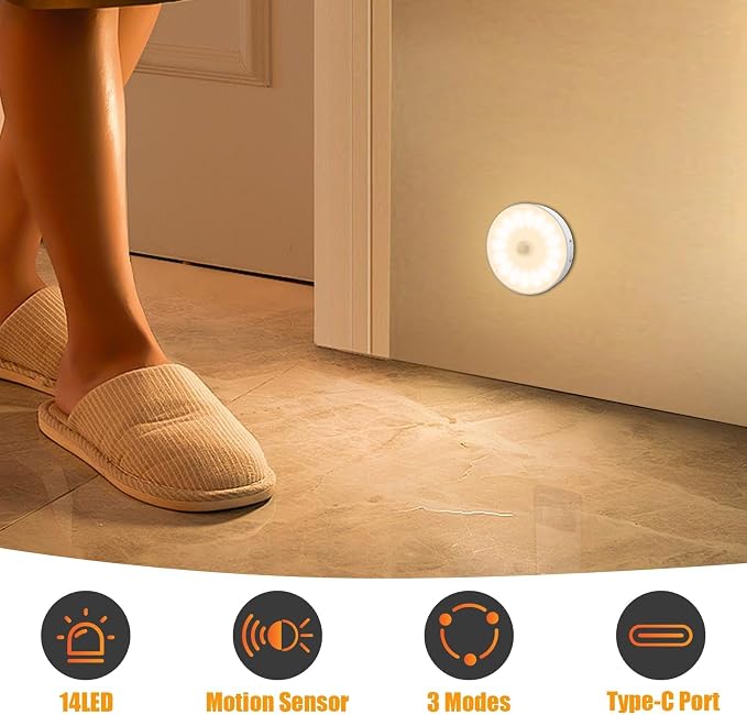 3 Pack Motion Sensor Light Indoor, Upgraded Night Light- Warm White | 14 LEDs, USB Rechargeable, 3 Light Modes & Long Last Battery, Cordless Magnetic NightLight for Closet, Bedroom, Stairs