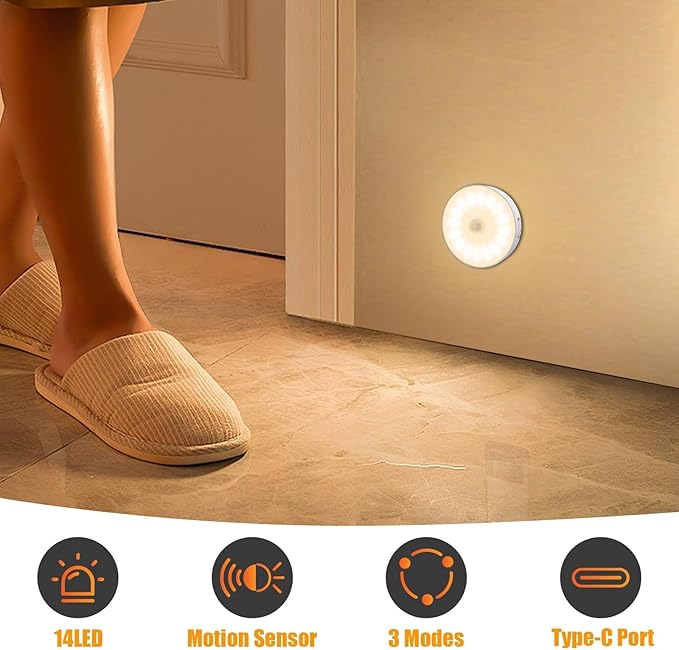Motion Sensor Light Indoor, 6 Pack Upgraded Night Light - Warm White | 14 LEDs, USB Rechargeable, 3 Light Modes & Long Last Battery, Cordless Magnetic Nightlight for Bedroom, Closet, Hallway