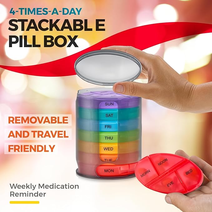 MEDca Weekly Pill Organizer, 1 Dispenser, 7 Stackable Multi-Color Compartments Four Times-a-Day - Morning, Noon, Evening, and Bedtime, Black, 2-Pack