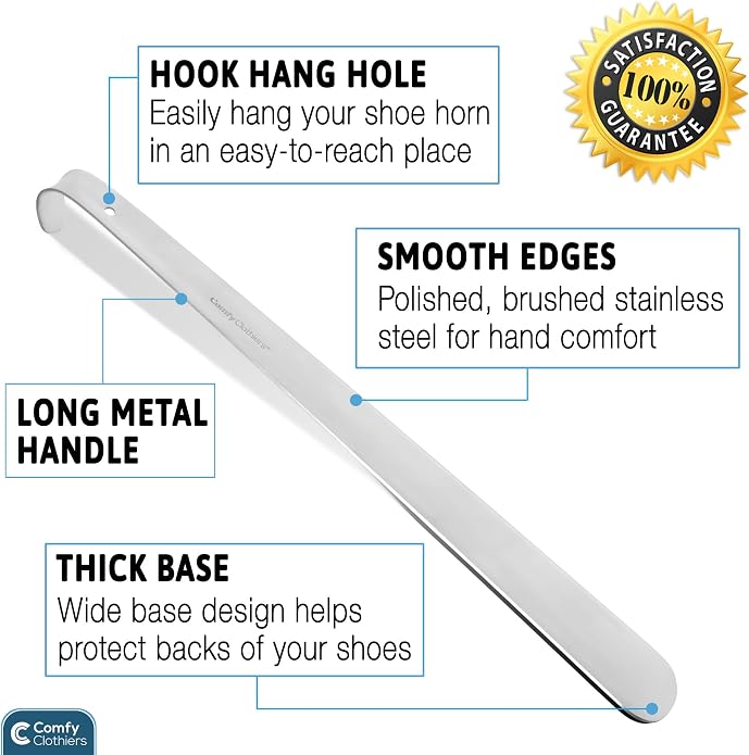 Comfy Clothiers Long Handle Metal Shoe Horn (16.5"/42cm) - Stainless Shoehorn for Shoes & Boots