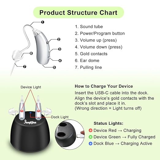 Banglijian Rechargeable Hearing Aids for Seniors - Intelligent DSP Noise Cancellation, Behind-the-Ear (BTE) Design, Easy-to-Use, Comfortable Fit, 20H Battery Life, Magnetic Charging (Silver)