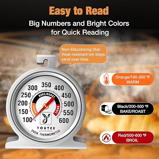2-Pack Oven Thermometer, Upgraded 100-600°F No-Holes Non-Discoloring Easy-to-Clean for Healthier Cooking, Easy-to-Read with Large Bright Numbers for Gas & Electric Ovens, Grills, and Smokers