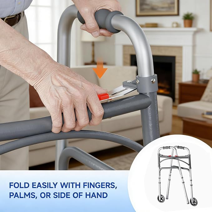 Dual Push-Button Folding Walker with Wheels & Removable Food Tray | Adjustable Height Lightweight Walker for Seniors, 350lb Capacity