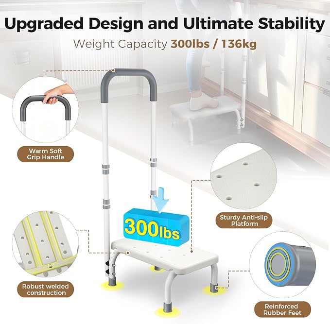 FORTEMOTUS Medical Step Stool with Handle for Elderly - Sturdy Lightweight Step Stool for Bedside for Adults, Non-Skid Rubber Platform Stepping Stool, Safely Supports up to 330 Pounds,White