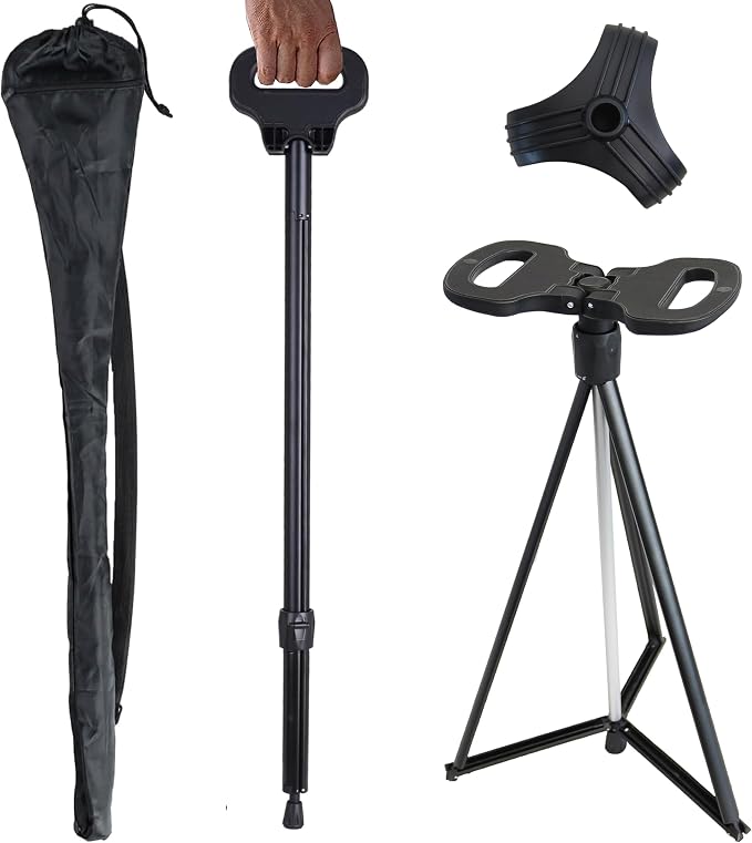 Walking Cane with Seat Folding Lightweight 2-in-1 Portable Walking Stick with Seat for Elderly, Seniors & Handicap, Adjustable, Foldable, Sturdy Tripod Cane Mobility Aid Crutch Chair