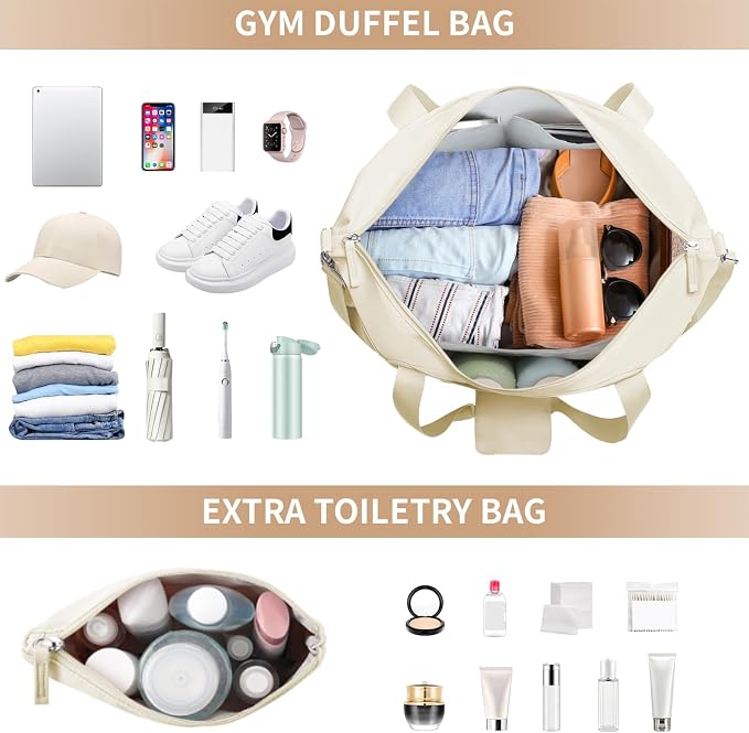Gym Bag for Women, Personal Item Travel Bag with Shoes Compartment, Weekender Overnight Duffel Bag with Wet Pocket, Carry On Bag for Women, Travel, Gym, Weekend (Beige)