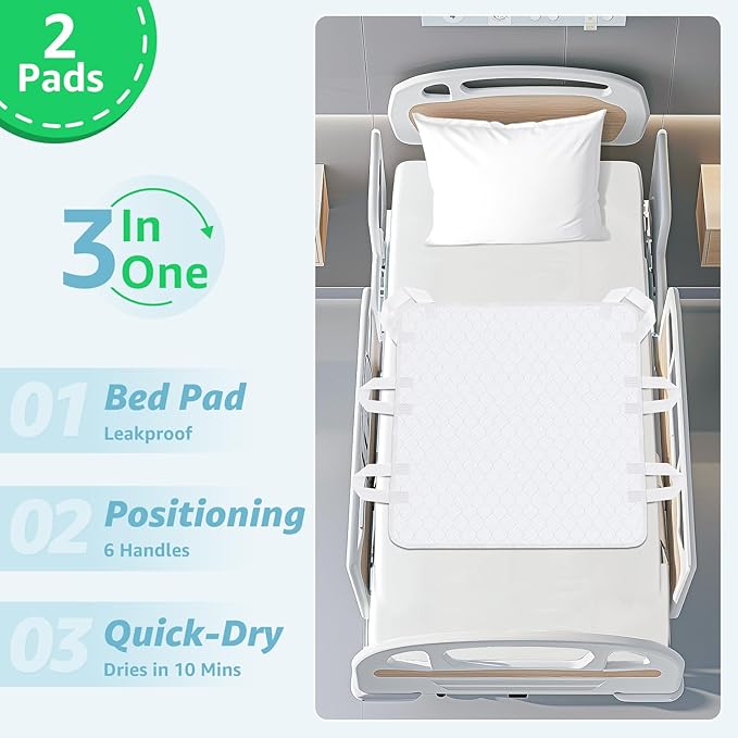 Incontinence Bed Pads Whasbable: 2Packs Waterproof Bed Pads for Elderly with 6 Handles, Reusable Bed Underpads, Positioning Bed Pads for Incontinence Adult, Bedwet,Kids,Bedridden,Hospitals, 34x36 Inch