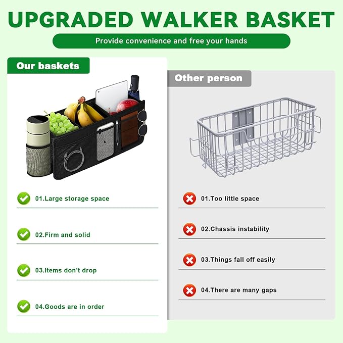 Walker Basket, Foldable Walker Bag with Cup Holder, Large Capacity, Seniors with Limited Mobility to Carry Water Bottles, Books - Black