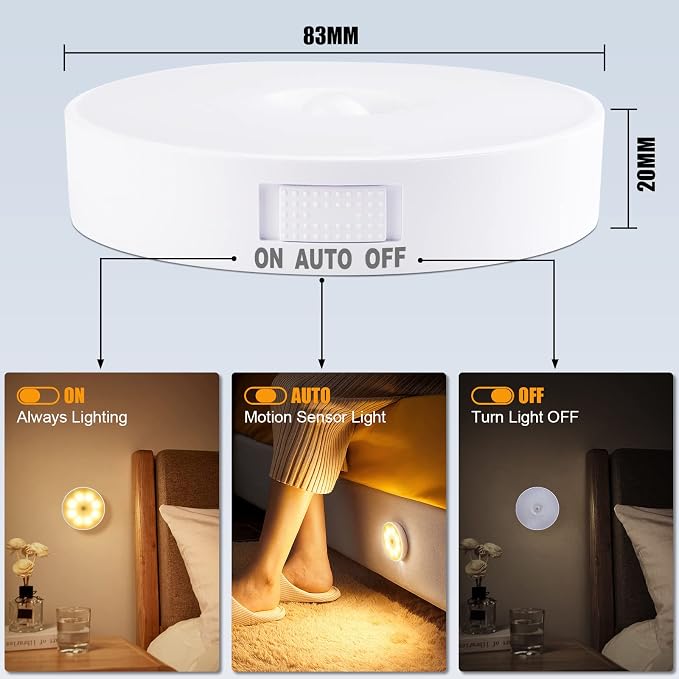 Motion Sensor Light Indoor, Night Light(3000K Warm Yellow 6 Pack) | 8 LEDs, USB Rechargeable, 3 Light Modes, 400 mAh Battery, Cordless Magnetic Sticker Nightlight for Stair, Closet, Hallway