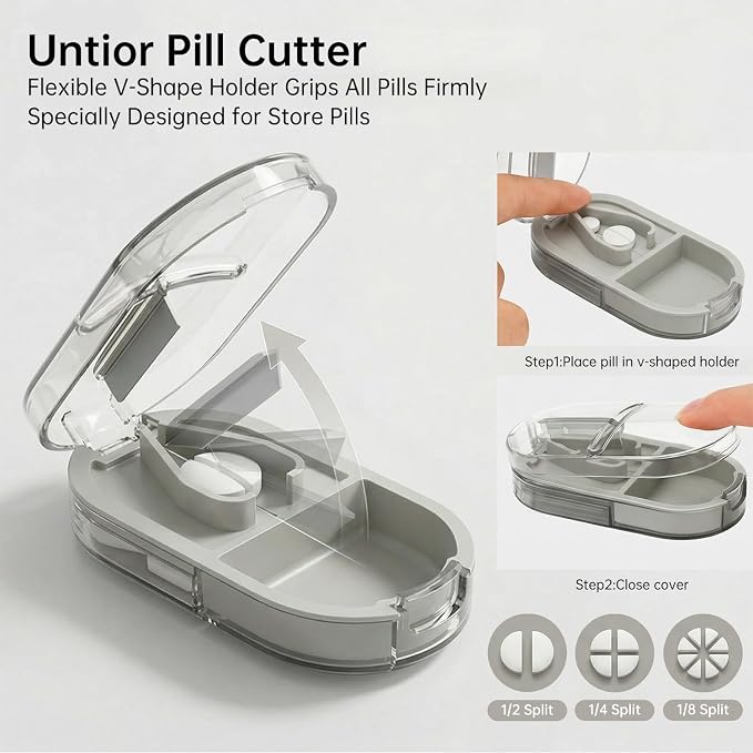 Pill Cutter Splitter for Small or Large Pills, Portable Pill Splitter with Hidden Professional Organizer and Brush, Tablet Cutter Medicine Slicer, Coupe Pilule for Tablets and Vitamins(Gray)