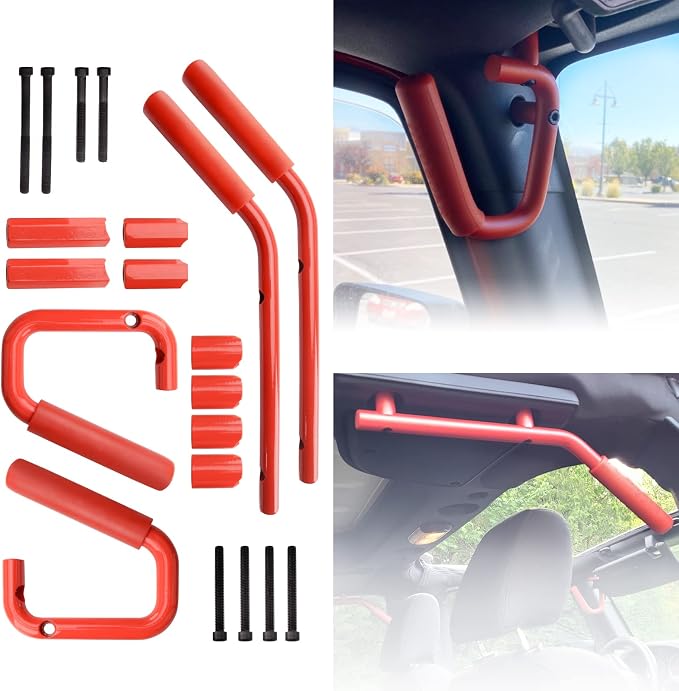 Front & Rear Grab Handle Kit Aluminum Alloy Grab Bar for 2007-2018 Jeep Wrangler JK JKU Rubicon Sport Sahara (Red)