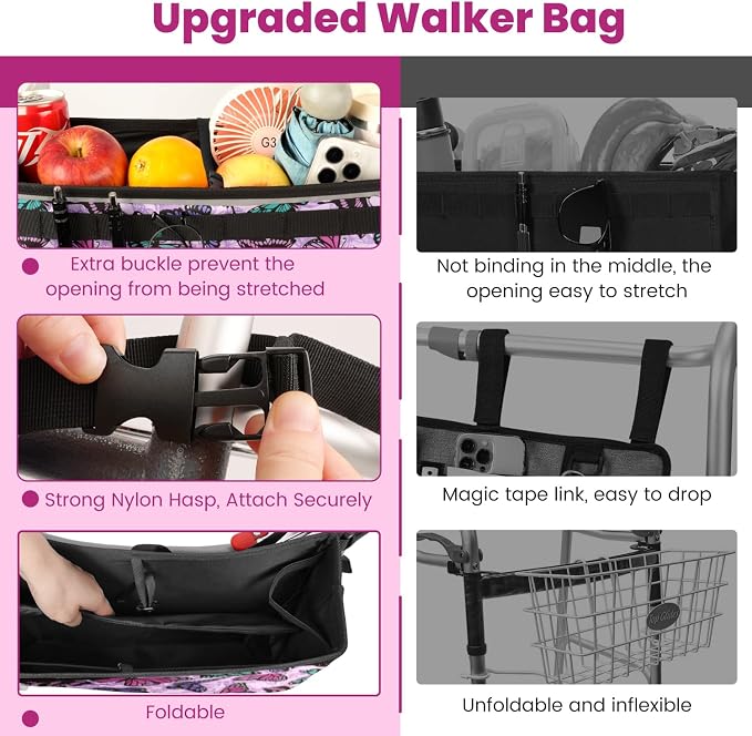 ZHCHG Walker Basket for Seniors, Walker Accessories Bag for Folding Walker | Large Capacity & Never Tipping Over, Best Gift- (Not Fit Rollator Walkers)- Purple